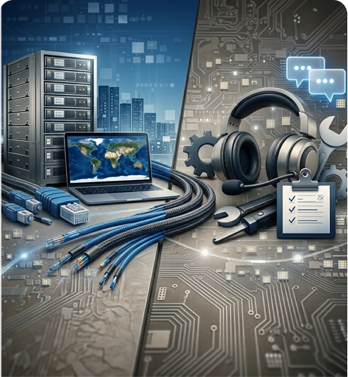 Servers and a laptop next to a headset and tools—symbols of system deployment and support