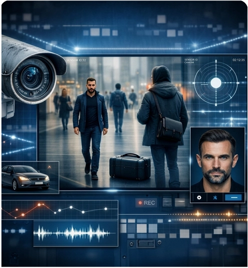 A modern video analytics system: a surveillance camera analyzes people, objects, and movement in an urban environment