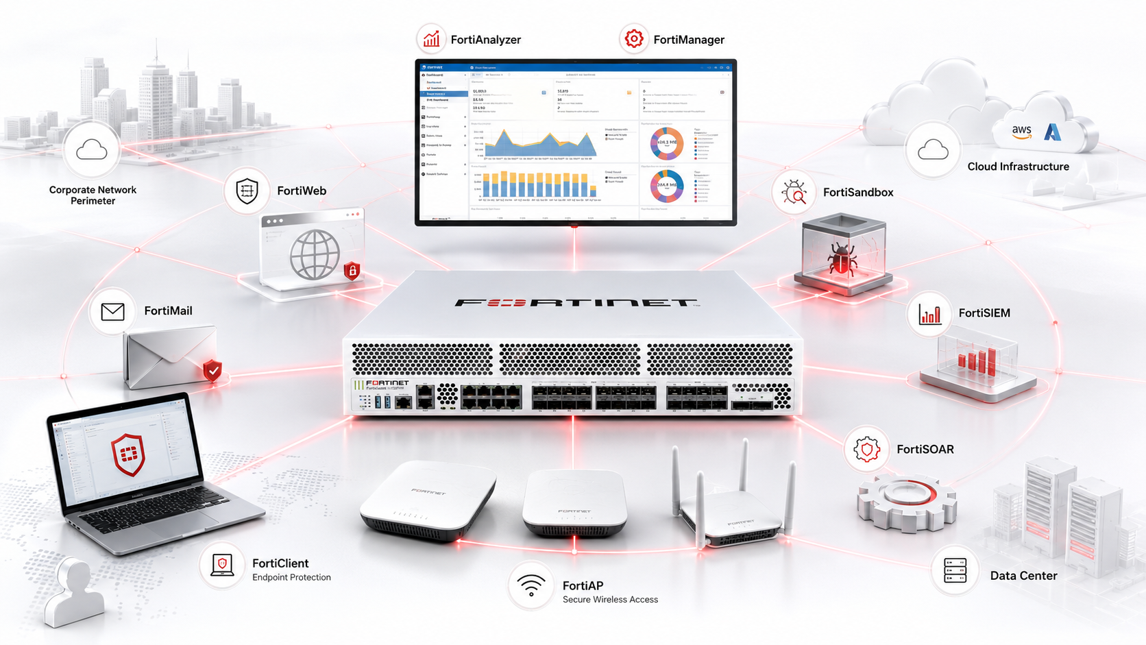 Зображення має ілюстративний характер Fortinet Security Fabric – комплексна платформа кібербезпеки для захисту корпоративної мережі, хмарної інфраструктури, дата-центрів, вебдодатків та кінцевих пристроїв